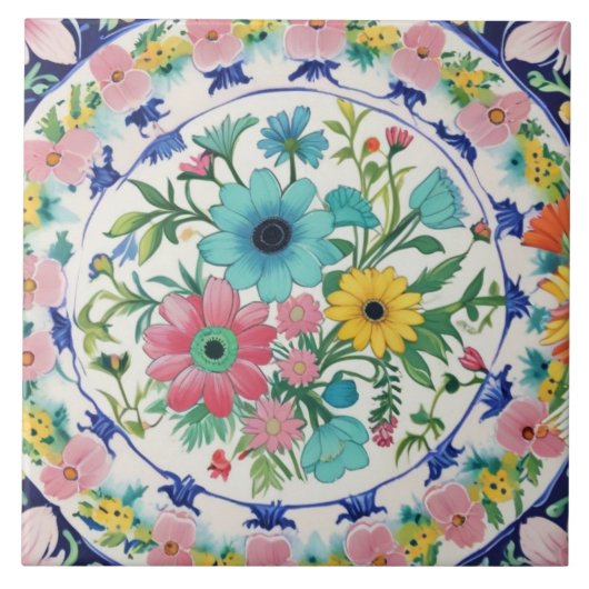 Spanish Colorful Vibrant Flowers Pink Blue Floral タイル (正面)
