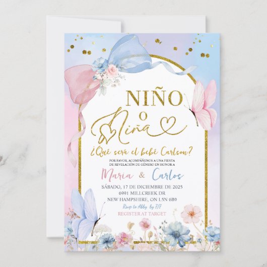 Spanish Coquette Blush Nino o Nina Gender Reveal 招待状 (正面)