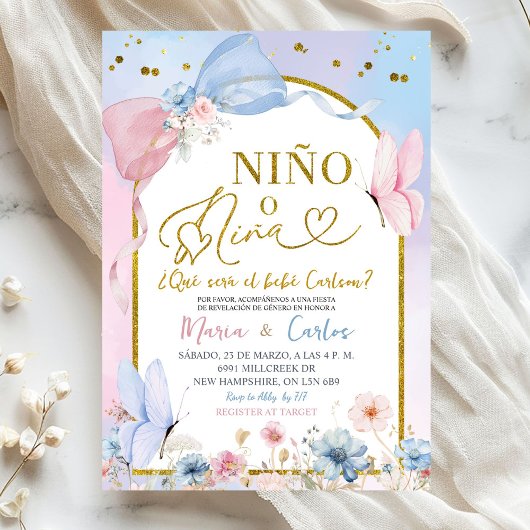 Spanish Coquette Blush Nino o Nina Gender Reveal 招待状