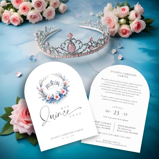 Spanish Cute Blue Pink Floral Quinceañera Tiara 招待状