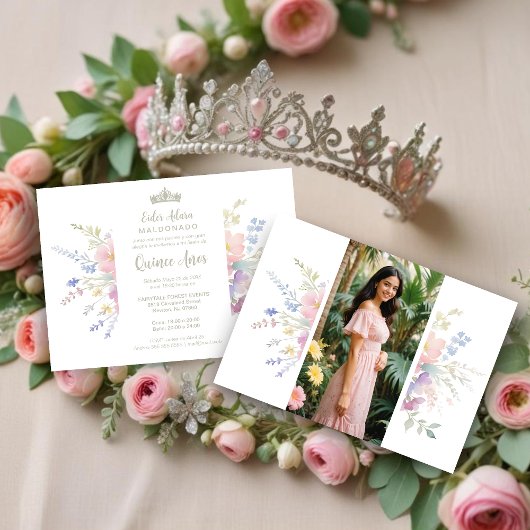 Spanish Delicate Spring Quinceañera Soft Floral 招待状