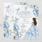 Spanish Dusty Blue Floral Princess Silver 15 Años  招待状 (正面/裏面)
