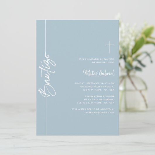 Spanish Dusty Blue invitaciones de bautizo Nino 招待状 (スタンド正面)