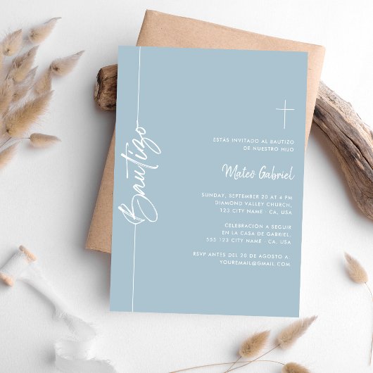 Spanish Dusty Blue invitaciones de bautizo Nino 招待状