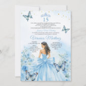 Spanish Dusty Blue Princess Butterfly Bow 15 Años 招待状 (正面)