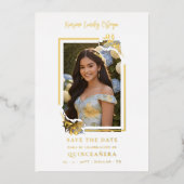 Spanish Elegant Photo Quinceañera Yellow Floral 箔招待状 (正面)