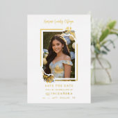 Spanish Elegant Photo Quinceañera Yellow Floral 箔招待状 (立ち正面)