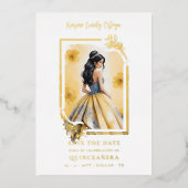 Spanish Elegant Quinceañera Yellow Doll Floral 箔招待状 (正面)