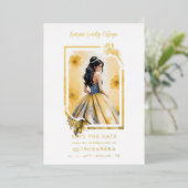 Spanish Elegant Quinceañera Yellow Doll Floral 箔招待状 (立ち正面)