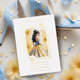 Spanish Elegant Quinceañera Yellow Doll Floral 箔招待状