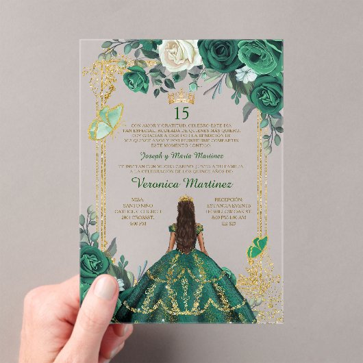 Spanish Emerald Green Princess Floral Mis Quince アクリル招待状 (インサイチュ (ポータブル))