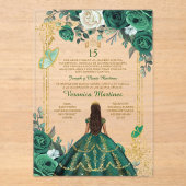 Spanish Emerald Green Princess Floral Mis Quince アクリル招待状 (正面)