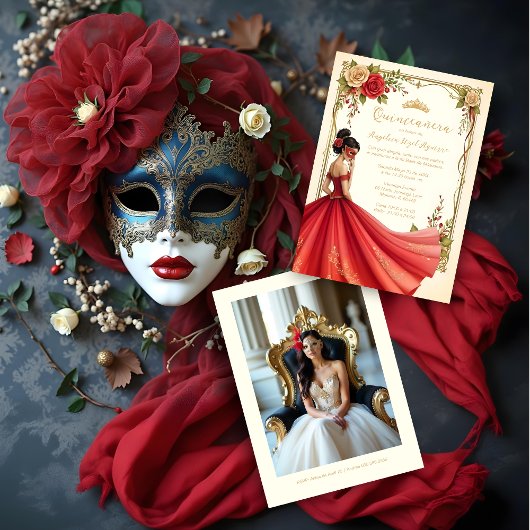Spanish Exquisite Chic Quinceañera Masquerade Ball 招待状