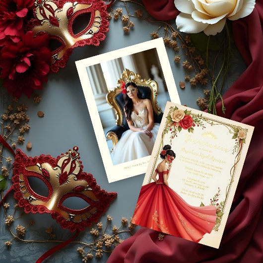 Spanish Exquisite Chic Quinceañera Masquerade Ball 箔招待状