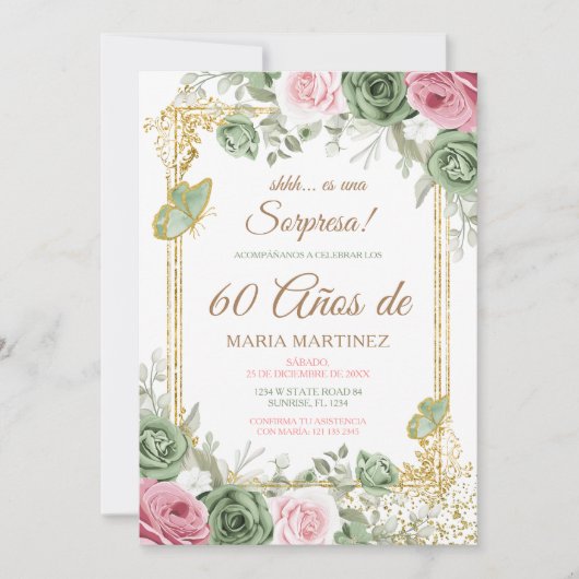 Spanish Floral Fiesta Sorpresa 60 Años Birthday 招待状 (正面)