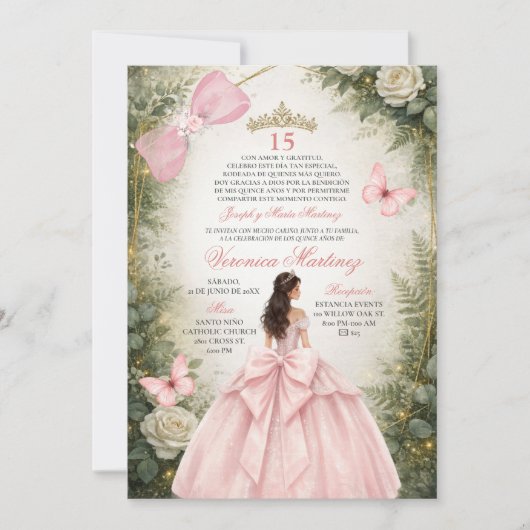 Spanish Forest Greenery Blush Pink Floral 15 Años 招待状 (正面)