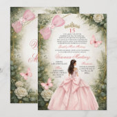 Spanish Forest Greenery Blush Pink Floral 15 Años 招待状 (正面/裏面)
