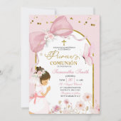 Spanish Girl Kneeling Pink Bow Primera Comunion 招待状 (正面)