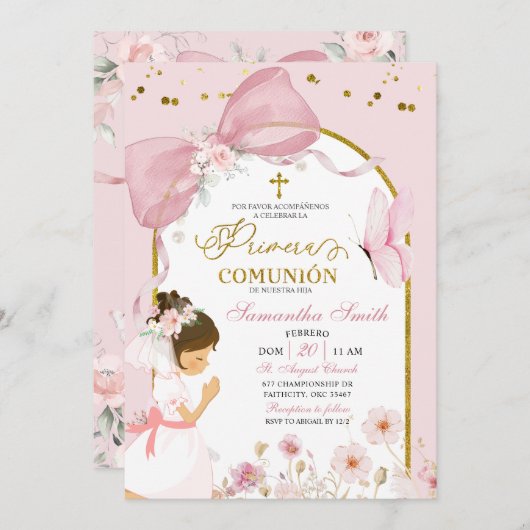 Spanish Girl Kneeling Pink Bow Primera Comunion 招待状 (正面/裏面)