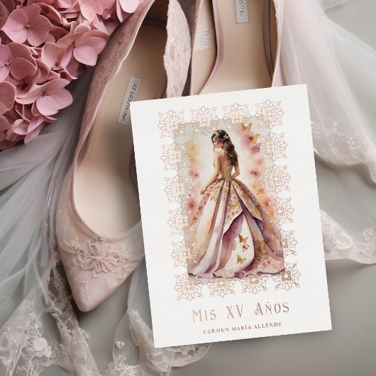 Spanish Glam Quinceañera Rose Gold Ornate Frame 箔招待状