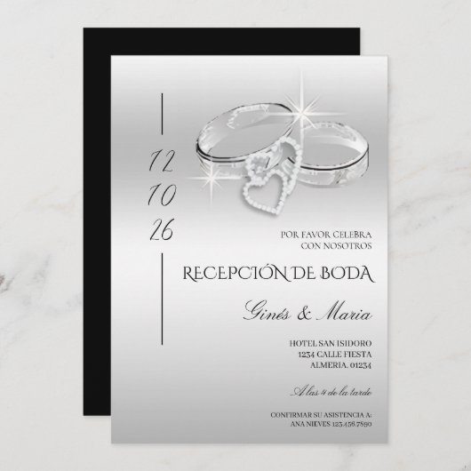 Spanish Glitzy Silver Wedding Rings Reception 招待状 (正面/裏面)