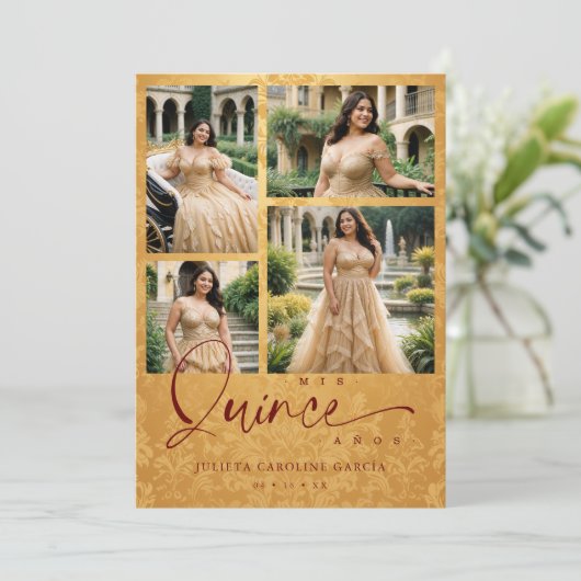 Spanish Golden & Dark Red Trendy XVs Collage 4  招待状 (スタンド正面)