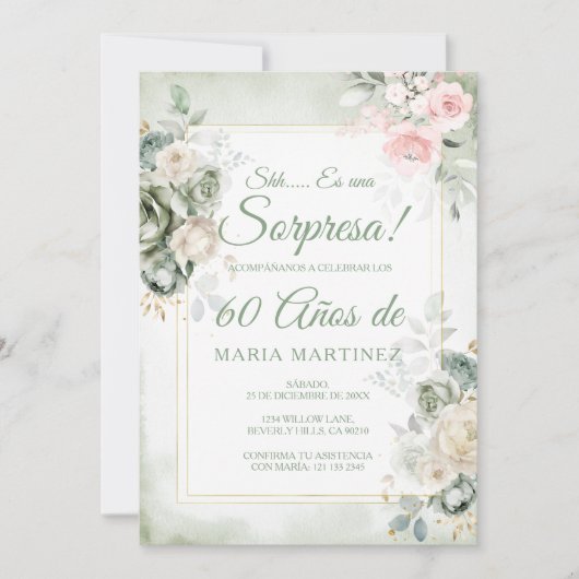 Spanish Green Floral Sorpresa 60 Años Birthday 招待状 (正面)