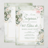 Spanish Green Floral Sorpresa 60 Años Birthday 招待状 (正面/裏面)