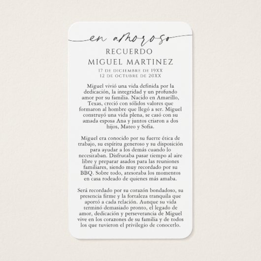 Spanish Guadalupe In Loving Memory Prayer Card (裏面)