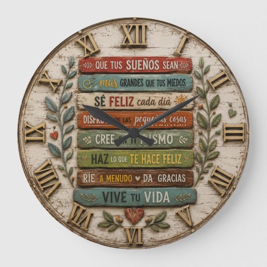 Spanish Inspirational Quote Rustic Farmhouse ラージ壁時計 (正面)