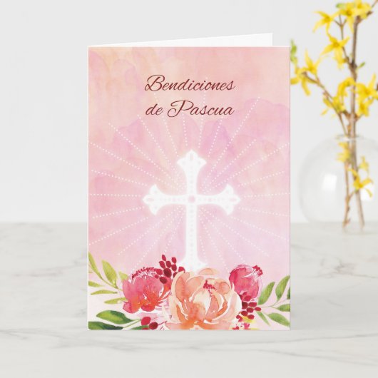 Spanish Language Easter Blessings Pink Flowers wit カード (黄色い花)