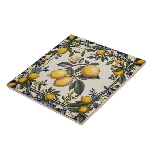 Spanish Lemon Branch Lemons Leaves Blue & White タイル (側面)