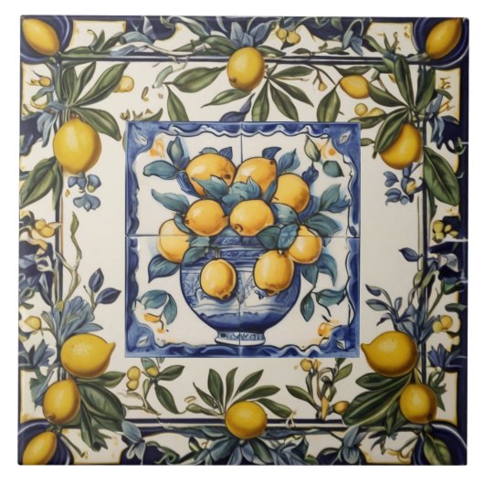 Spanish Lemons in Vase Pot Blue & White タイル (正面)