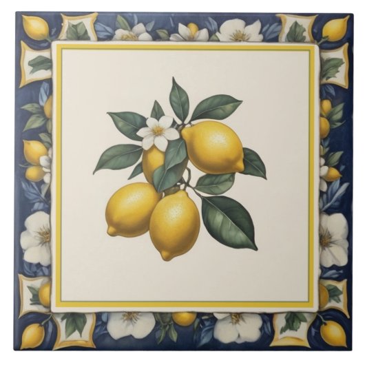 Spanish Lemons on Branch Lemon Leaves Blue & White タイル (正面)