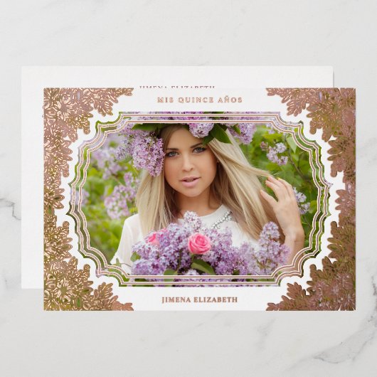 Spanish Luxury Lace Effect Frame Mis XV Años Photo 箔招待状 (正面/裏面)