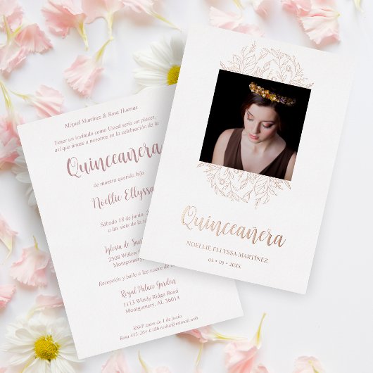 Spanish Luxury Wildflowers Frame Quinceañera Photo 箔招待状
