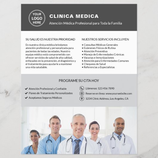 Spanish Medical Clinic Doctor Logo QR Gray チラシ (正面)
