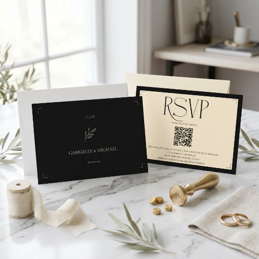 Spanish Monogram Cream and Black Wedding QR code 出欠カード