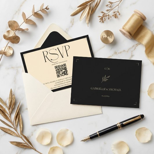 Spanish Monogram Cream and Black Wedding QR code 出欠カード