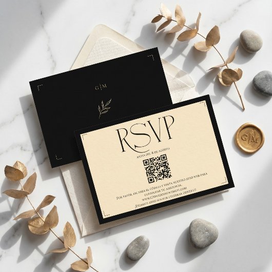 Spanish Monogram Cream and Black Wedding QR code 出欠カード