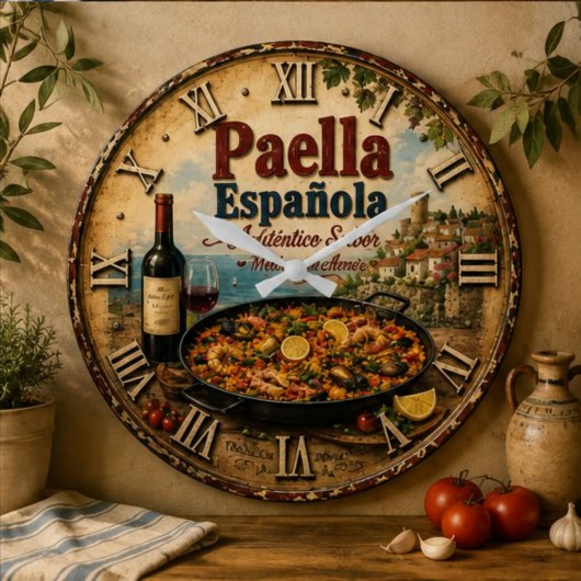 Spanish Paella Rustic Mediterranean Kitchen ラージ壁時計