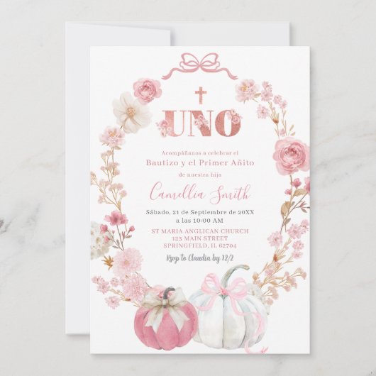 Spanish Pink Bow Coquette Pumpkin Bautizo 招待状 (正面)