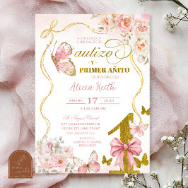SPANISH Pink Butterfly Bautizo Y Primer Anito 招待状