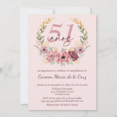 Spanish Pink Elegant Floral 51st Birthday Party 招待状 (正面)