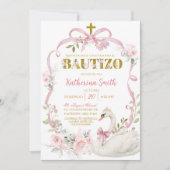Spanish Pink Floral Bow Coquette Swan Bautizo 招待状 (正面)