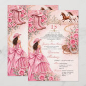 Spanish Pink Floral Charro Princess Sweet 15 Años 招待状 (正面/裏面)