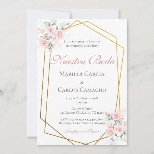 Spanish Pink Floral Wedding invitación boda españo 招待状 (正面)