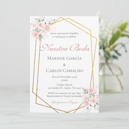 Spanish Pink Floral Wedding invitación boda españo 招待状 (スタンド正面)
