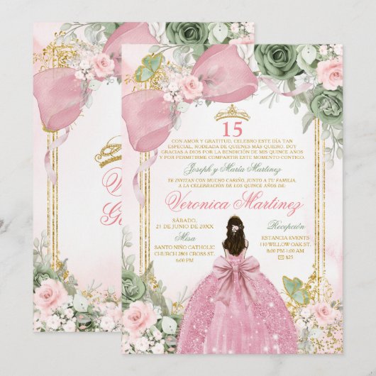 Spanish Pink Sage Green Charra Princess Floral 15 招待状 (正面/裏面)