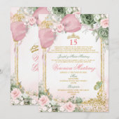 Spanish Pink & Sage Green Floral 15 Años Birthday 招待状 (正面/裏面)